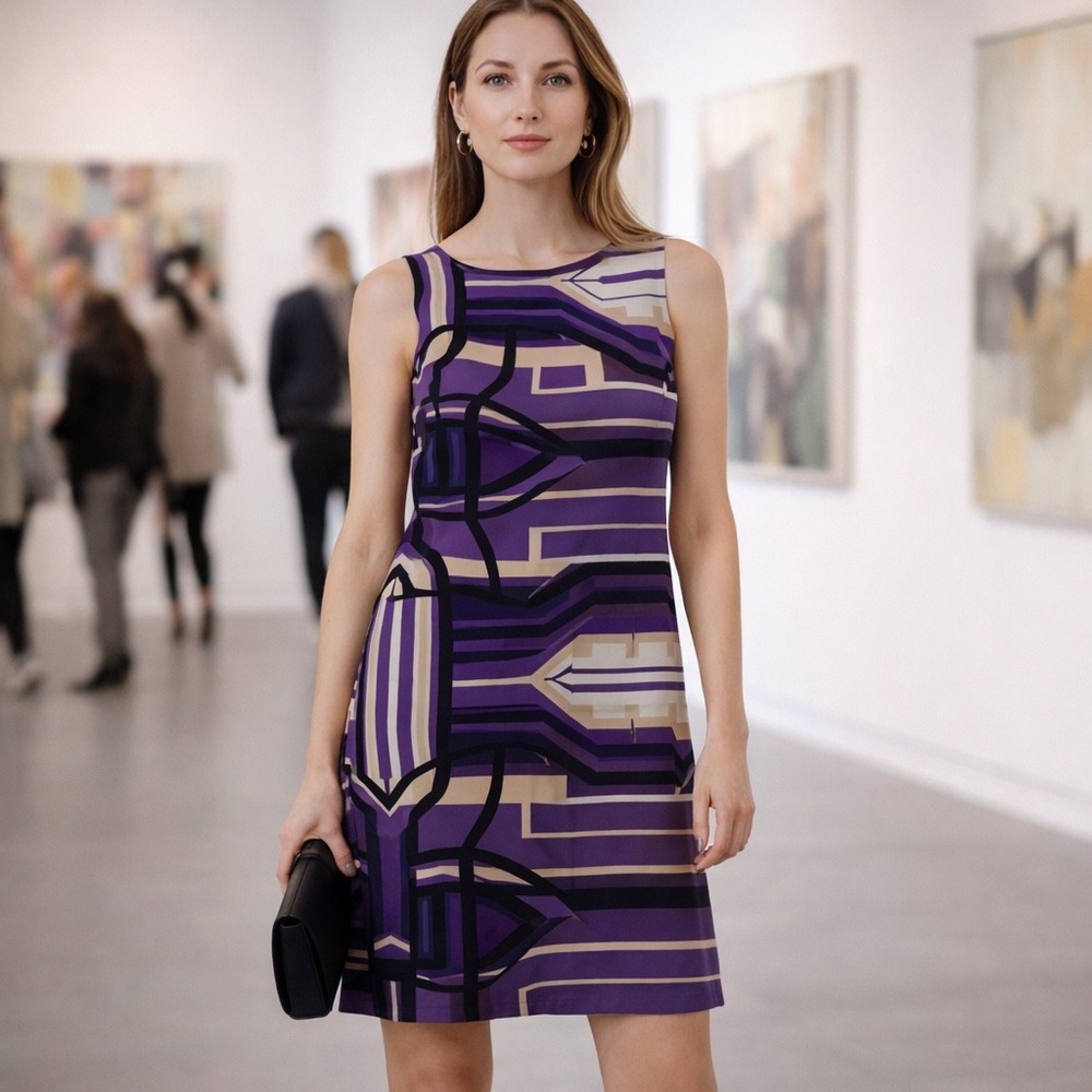 ANTONIO MELANI Purple Silk‎ Geometric Sheath Dress Office Siren Boardroom Sz 8